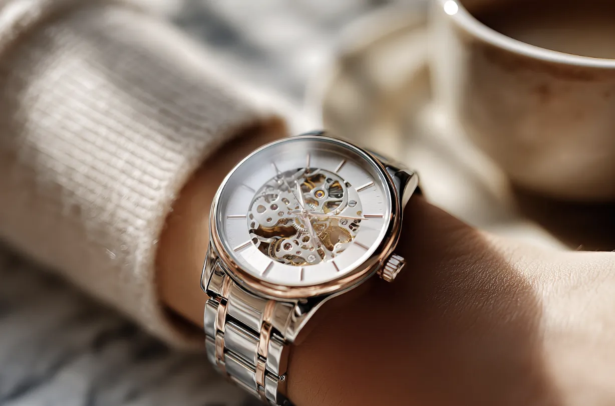 Elegant skeleton dial watch with rose gold accents on woman's wrist, beside coffee cup on table