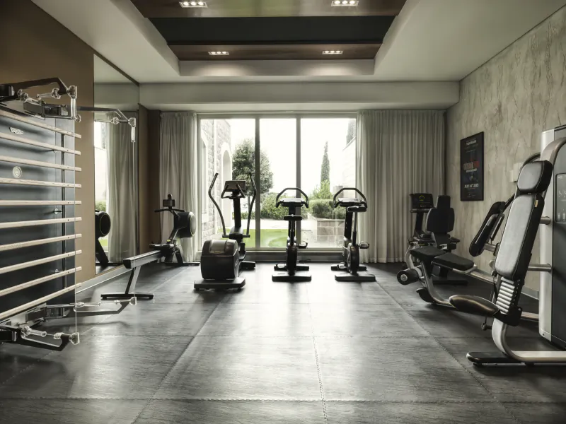 Modern gym at The Chedi Luštica Bay with exercise bikes, treadmills, weights, and garden view.