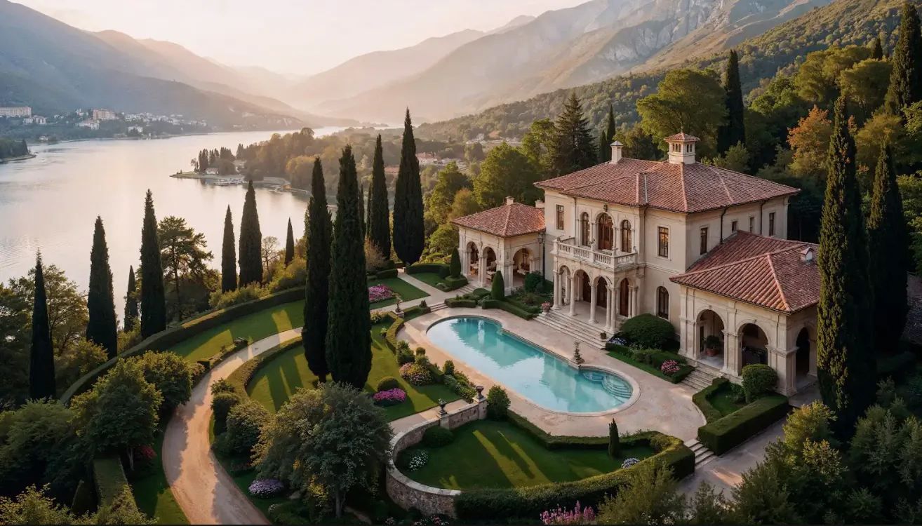 Luxury villa with red-tiled roof, infinity pool, and manicured gardens overlooking lake and mountains at sunset