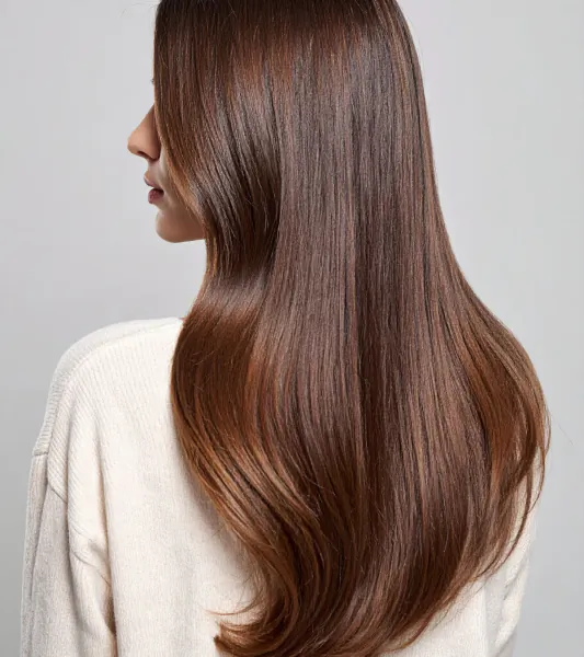 Profile view of woman with long, glossy brown hair, wearing white sweater, in salon setting
