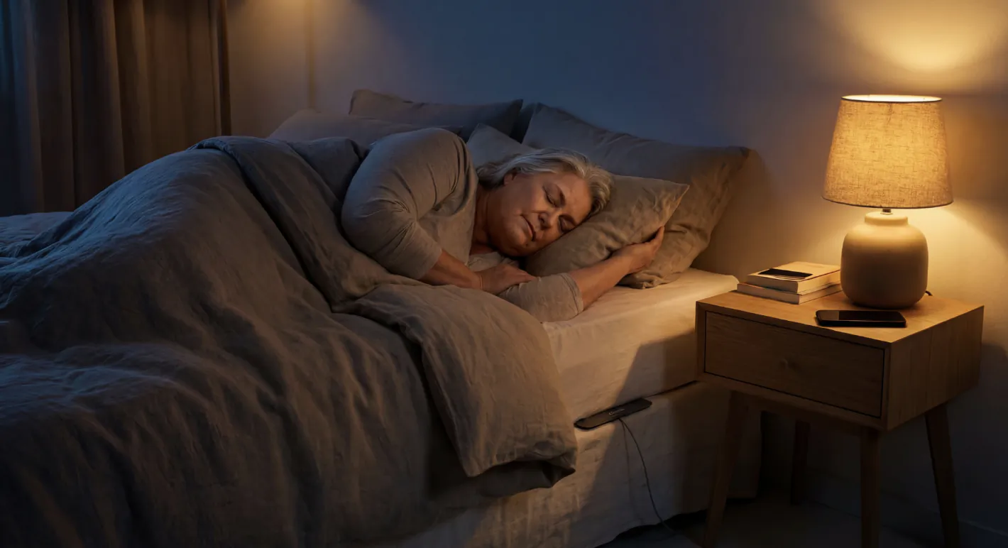 Elderly woman sleeping peacefully in bed at night, lit by bedside lamp on wooden nightstand.