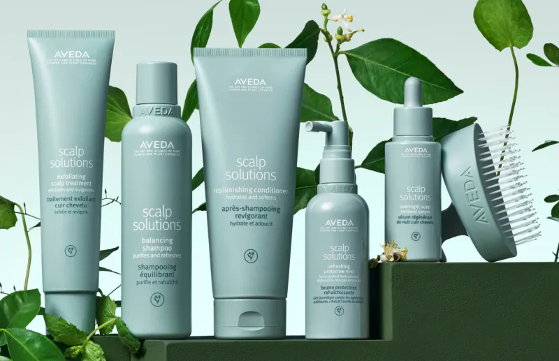 Aveda Scalp Solutions: shampoo, conditioner, serum, spray, and brush on green shelf with plants
