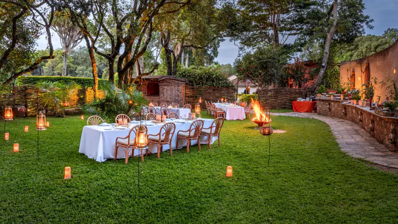 Fairmont Mara Safari Club: Elegant outdoor dining on lush lawn under acacia trees at dusk, with lanterns, fire pit, and stone walls.