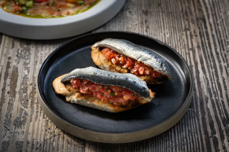 Two grilled sardines topped with tomato salsa on toasted bread, on black plate with salmon salad in background.