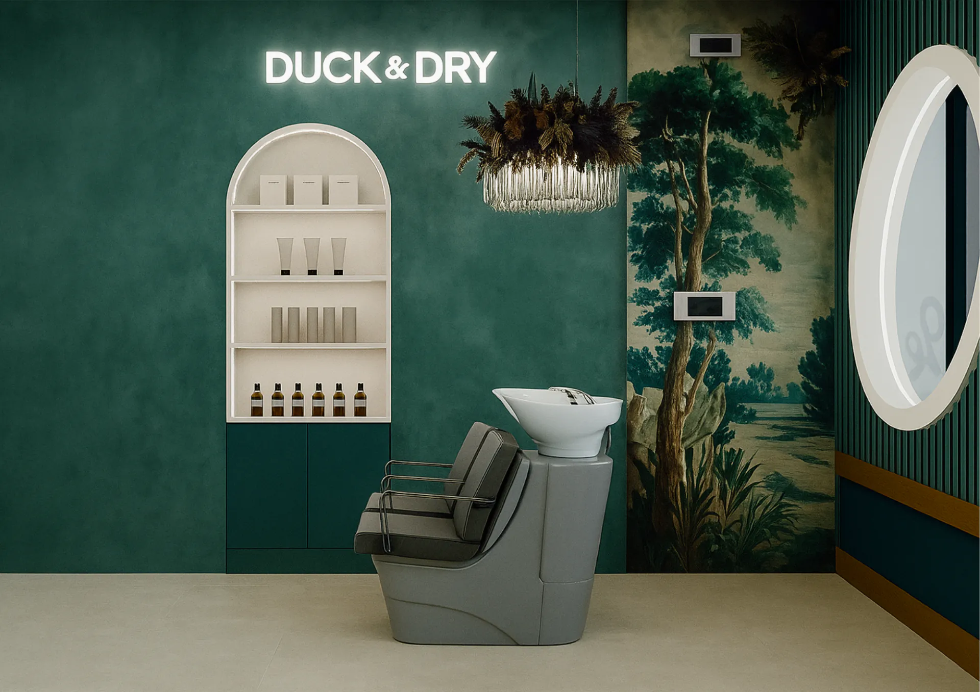 Duck & Dry salon interior: green walls with lush wallpaper, arched shelves of products, gray chairs at white wash basin, neon sign.