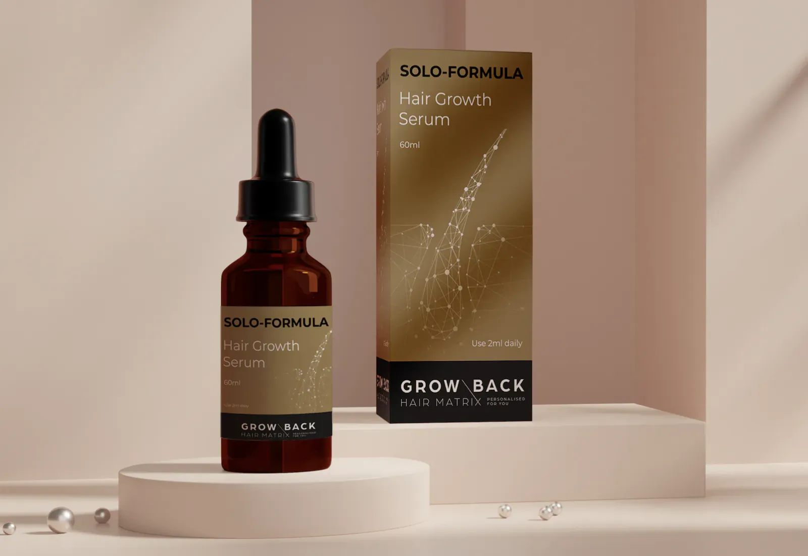 Solo-Formula Hair Growth Serum 60ml bottle with dropper and product box on white pedestal