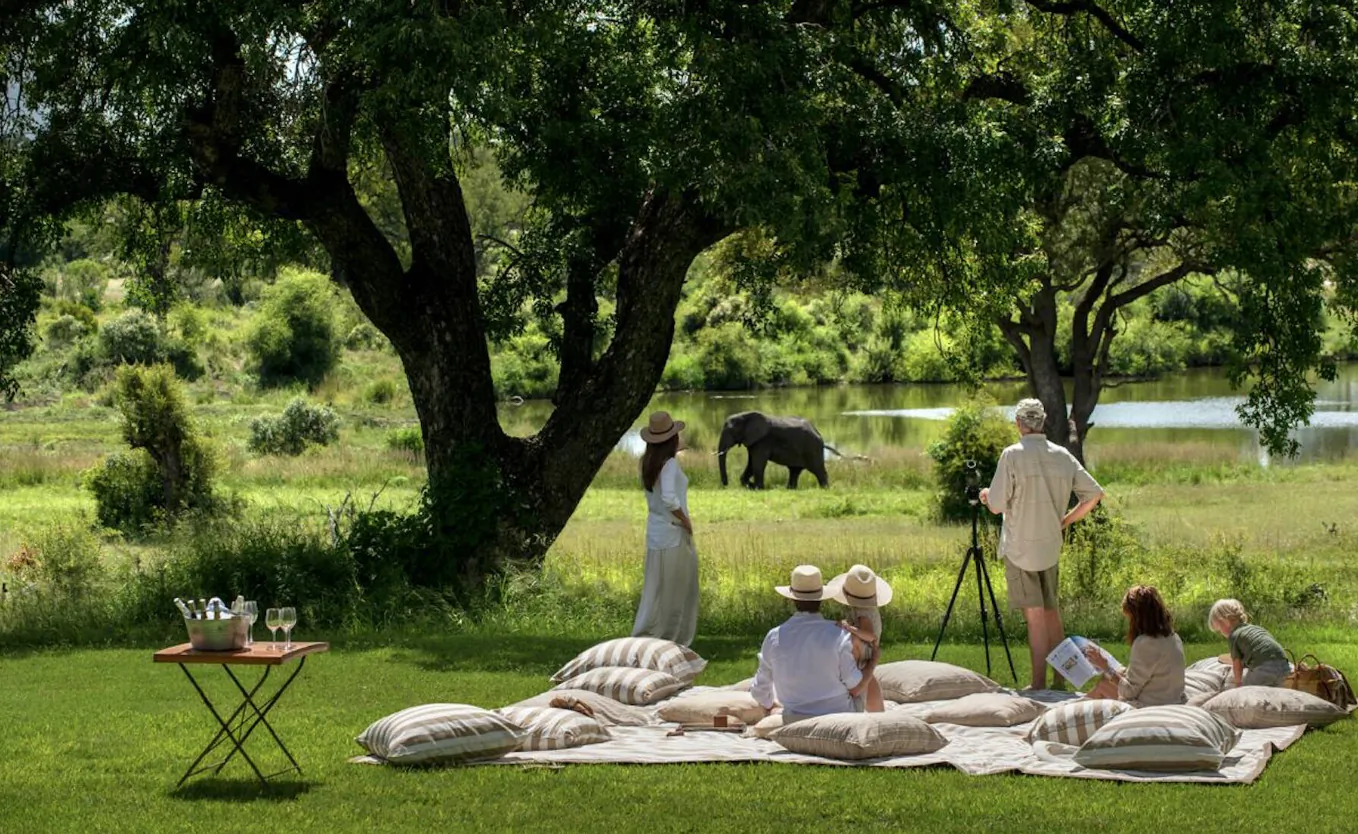 Family on picnic blanket under acacia trees by lagoon watches elephant in African savanna