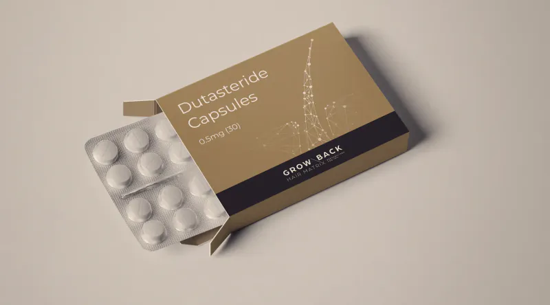 Open box of Dutasteride 0.5mg capsules with blister pack partially pulled out, branded Grow Back