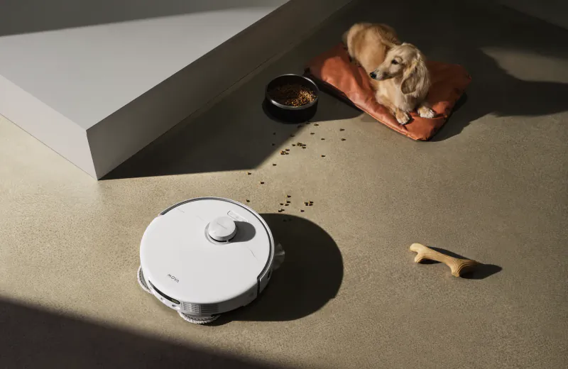 White MOVA robot vacuum cleaning pet food spills on floor near a dachshund on an orange bed with food bowl and bone