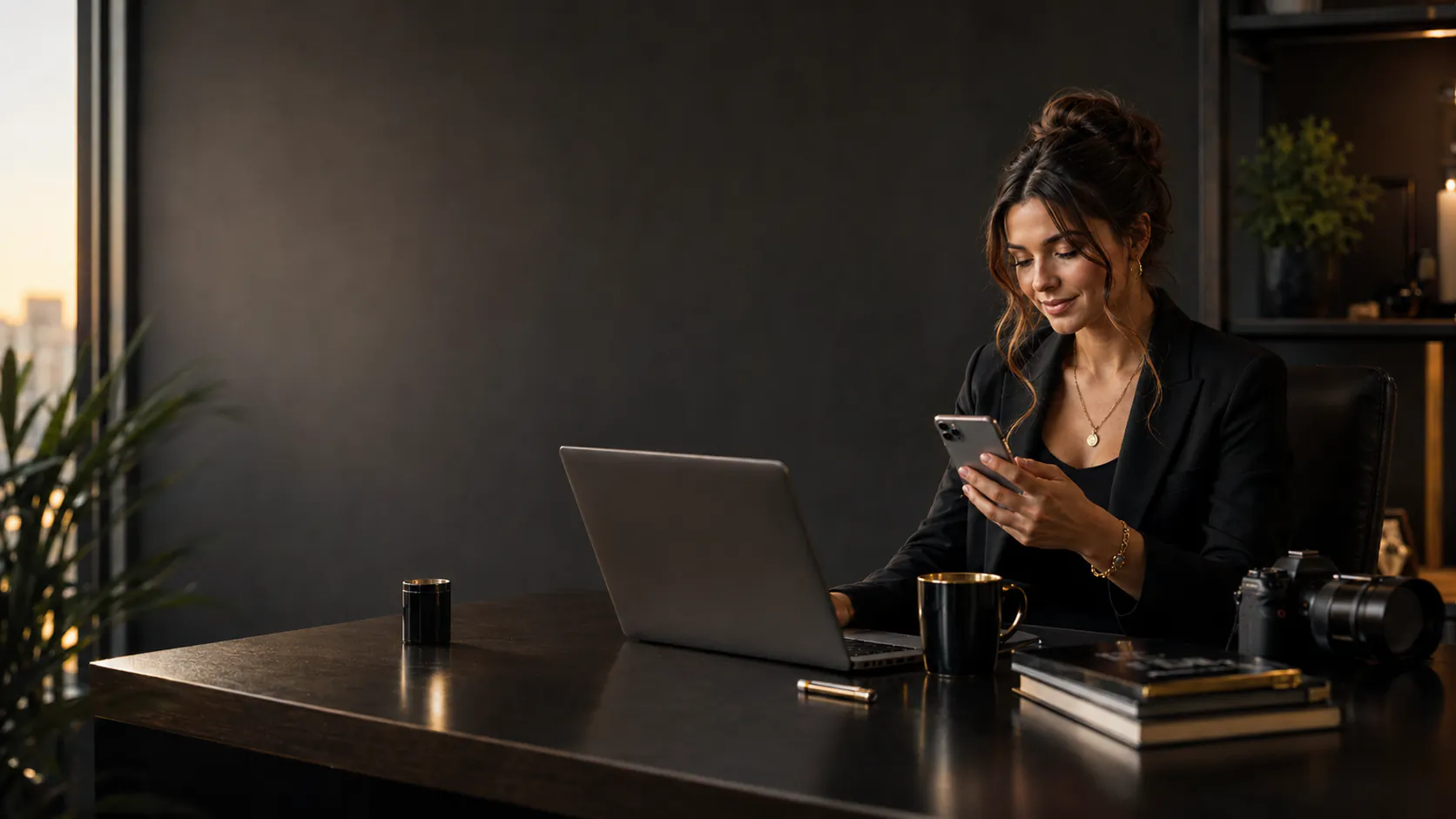 Woman in a black blazer smiling while checking her phone at a desk with a laptop and camera