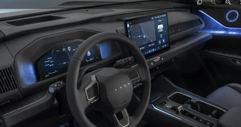 Lexus electric SUV interior with digital dashboard, steering wheel, and large navigation touchscreen