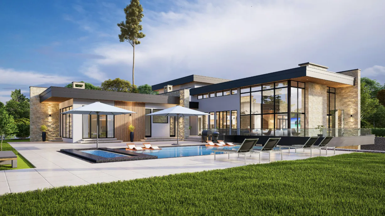 Modern luxury home with large pool, lounge chairs, and umbrellas on a sunny day