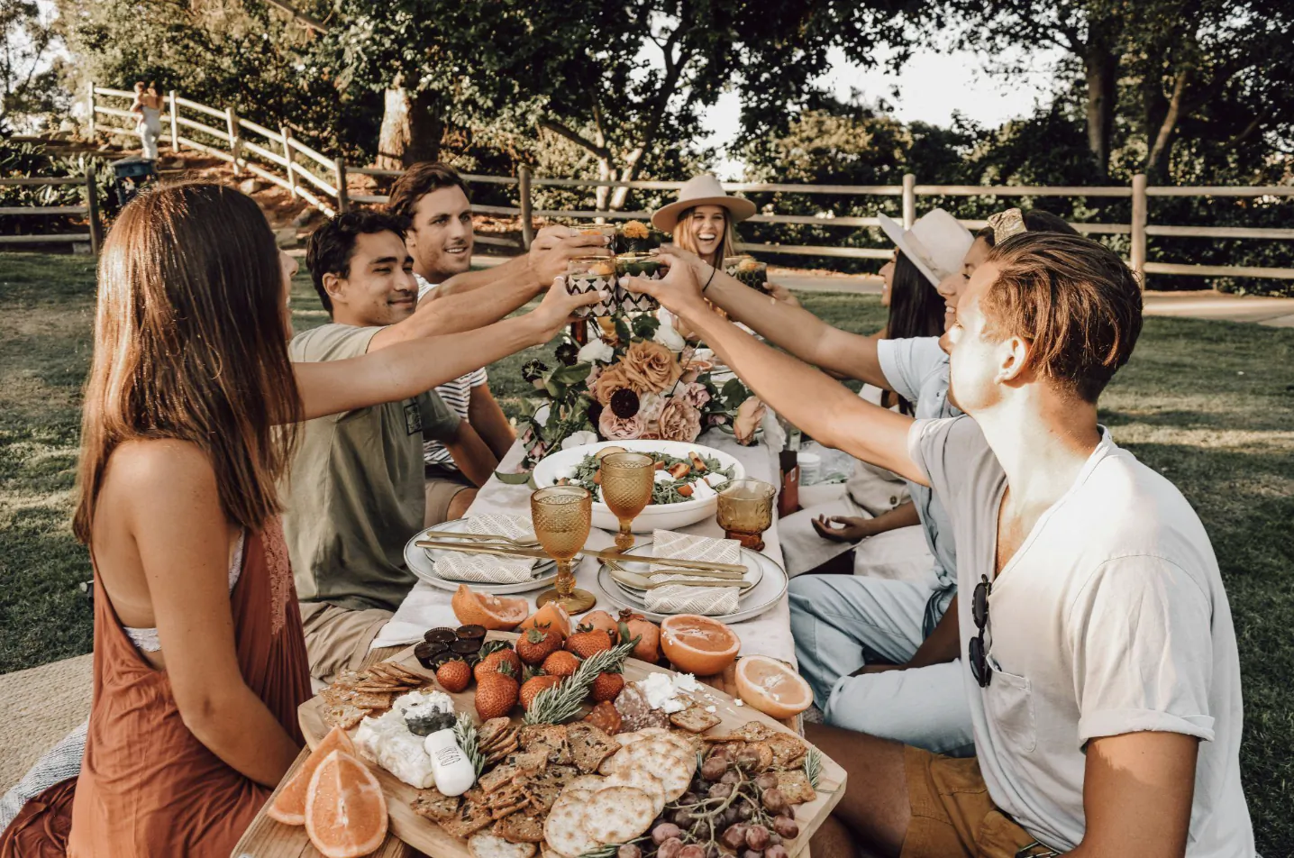 Friends gathered around an outdoor table raising glasses in a toast over a spread of food and drinks