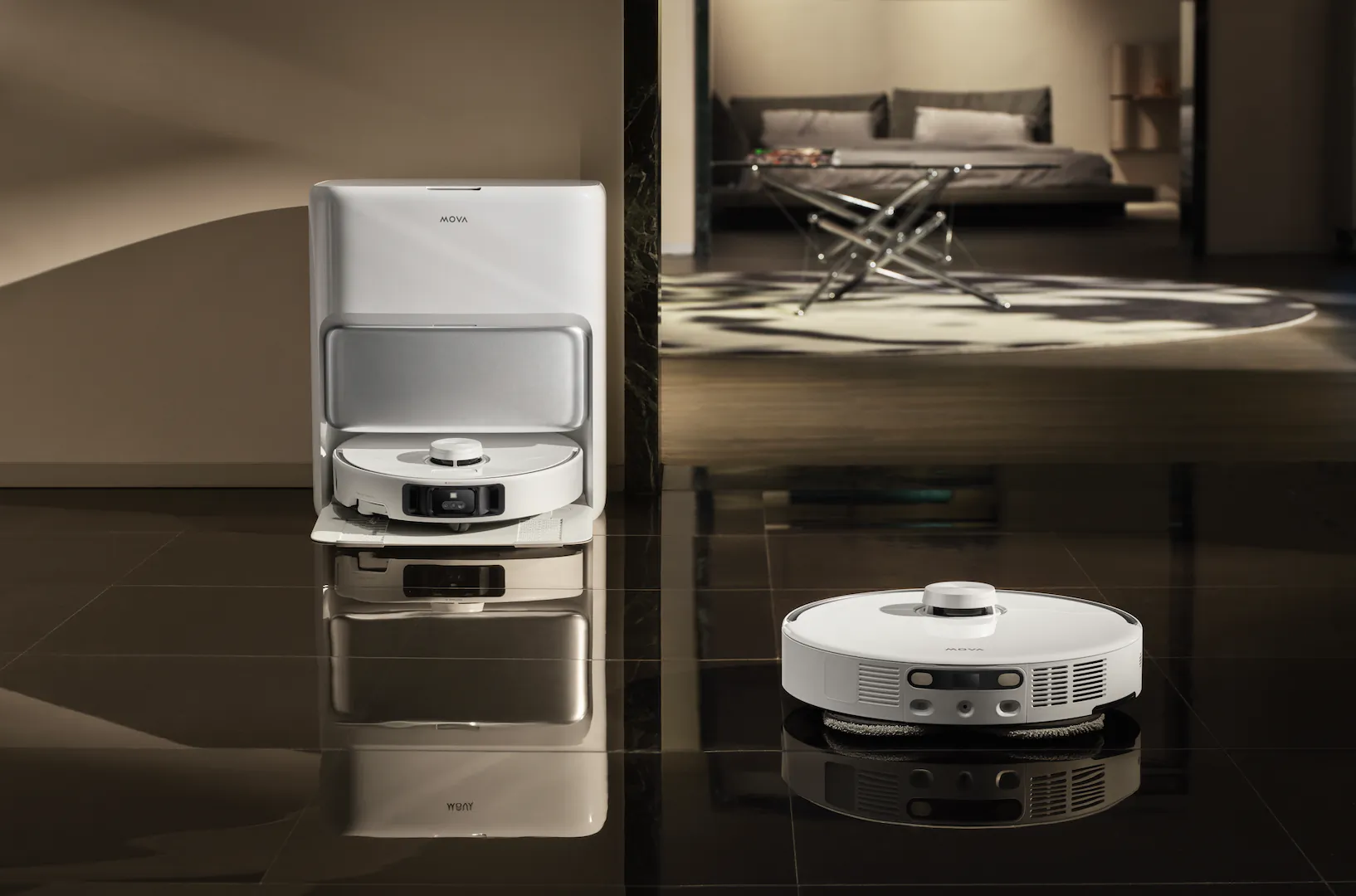 MOVA P50 Pro Ultra robot vacuum docked in its white charging station beside a second unit on a glossy floor, with a modern bedroom visible in the background