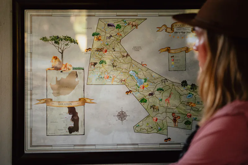 Woman in pink shirt and hat viewing a framed illustrated map of South Africa with animals and locations