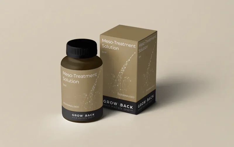 Brown Meso-Treatment Solution bottle and matching box labeled Grow Back, personalised, 50ml