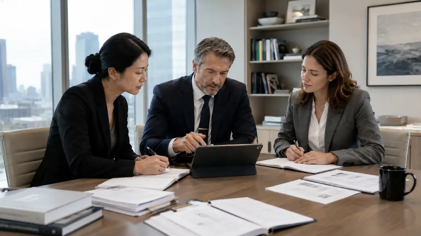 Three business professionals reviewing documents and a tablet during a meeting in a modern office