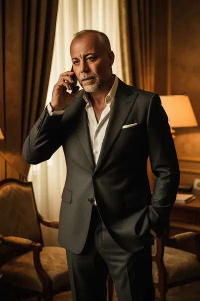 Man in a dark suit talking on a phone in an elegant room