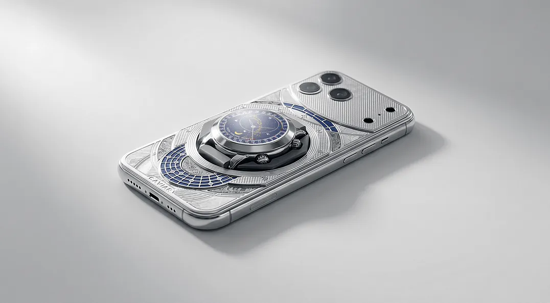 Silver smartphone with a large circular blue and silver mechanical watch face attached to its back, resting on a light surface