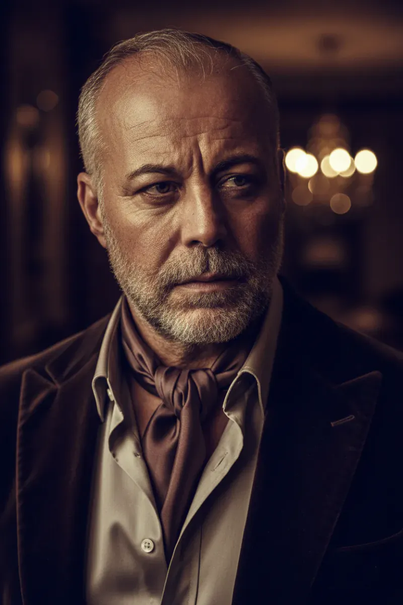 Close-up portrait of a middle-aged man with short gray hair and a beard, wearing a dark velvet jacket over a light shirt with a brown cravat, in a softly lit elegant interior