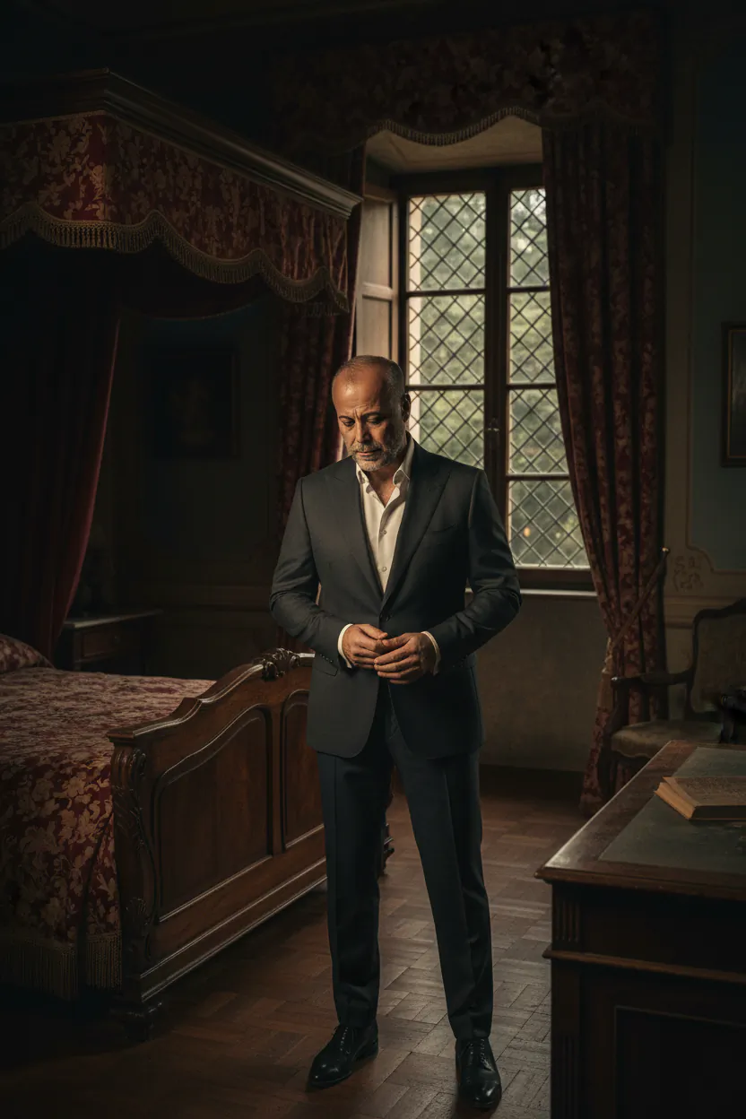 Man in a dark suit standing in a dimly lit ornate bedroom with a large wooden bed and window