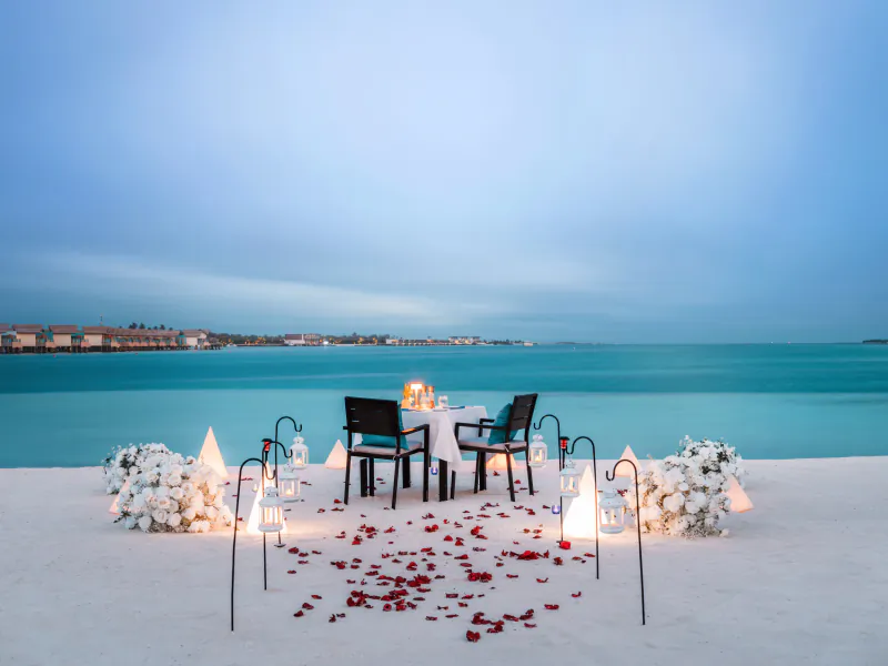 Romantic beachfront dinner setup with white table, two chairs, red rose petals, lanterns, and white floral arrangements overlooking turquoise ocean at dusk