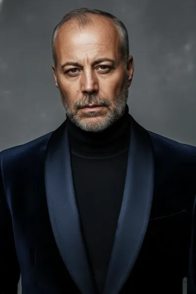 Close-up portrait of a middle-aged man with short graying hair and beard, wearing a black turtleneck and dark velvet blazer
