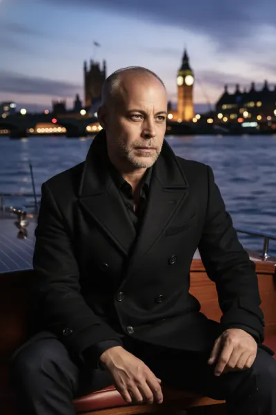 Man in black coat sitting on a boat with Big Ben and London skyline at dusk