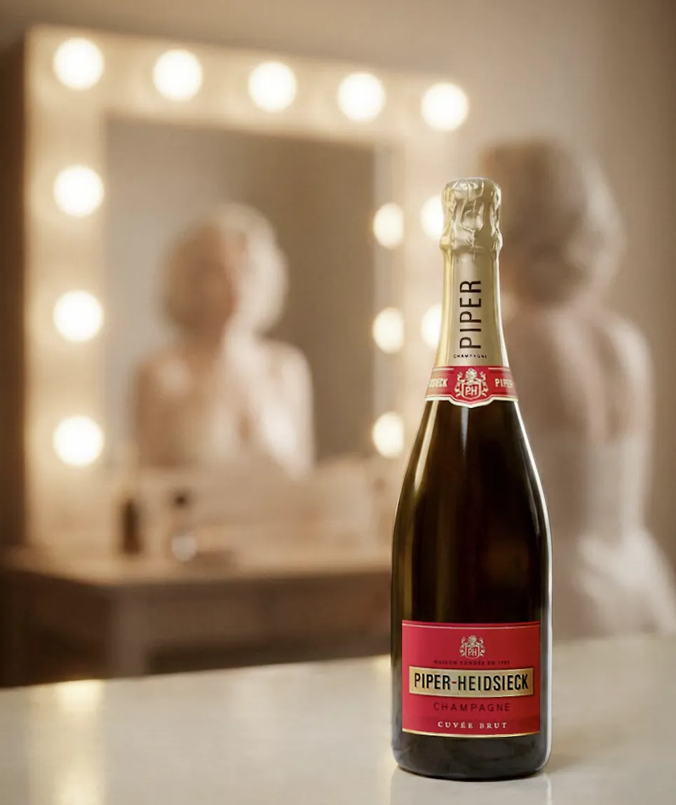 Piper-Heidsieck champagne bottle on vanity with lit mirror and Marilyn Monroe statue in background