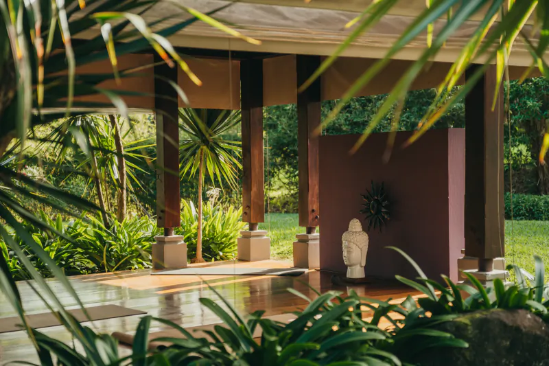 Modern covered patio with Buddha statue, sunburst wall art, and lush tropical garden view