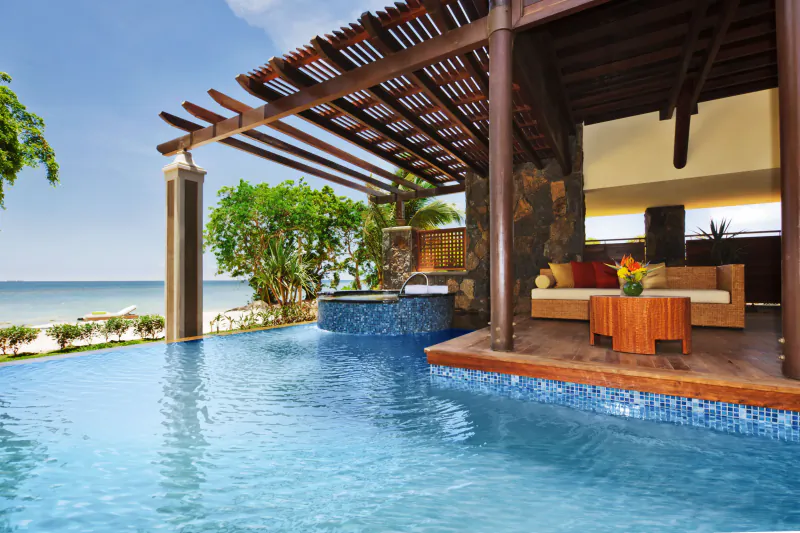 Luxury beachfront villa with infinity pool, hot tub, and ocean view at Le Jadis Beach Resort Mauritius
