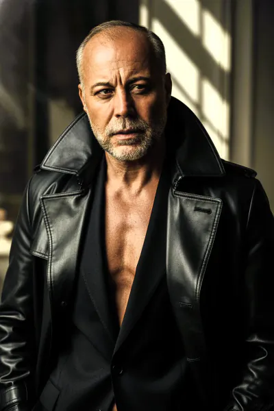 Man with short gray hair and stubble wearing an open black leather jacket over a black shirt, looking at camera