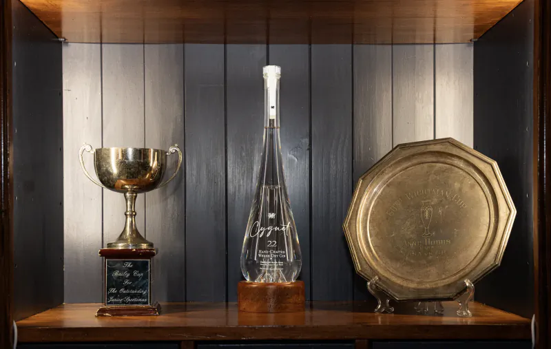 Cygnet Gin bottle displayed between a silver trophy and engraved plaque in a wooden display case