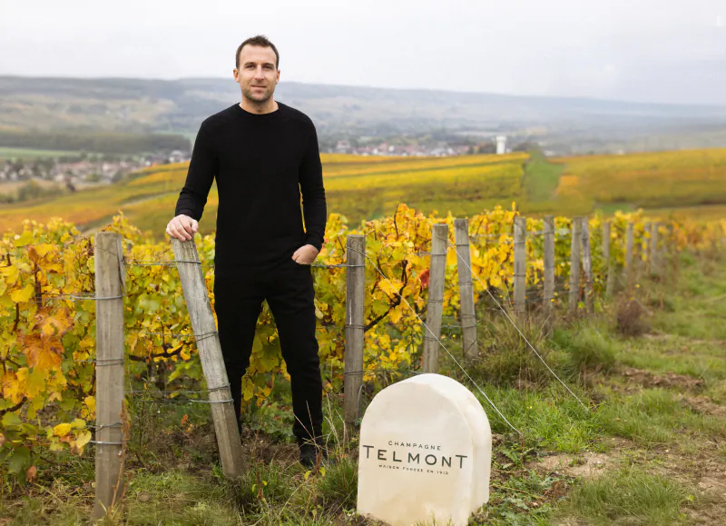 Man in black standing in autumn vineyard with Champagne Telmont sign