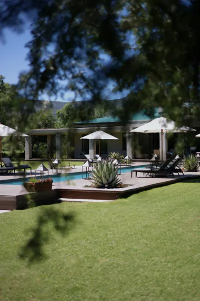 Luxury villa with swimming pool, lounge chairs and umbrellas at Samara Karoo Reserve, South Africa