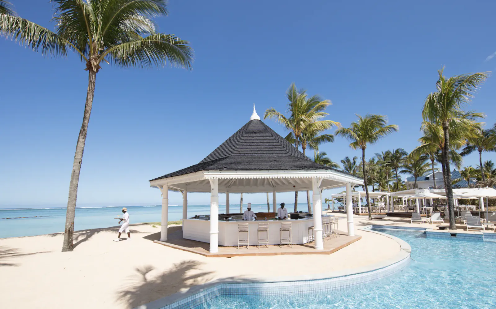 Beachside bar with thatched roof beside pool and palm trees, ocean view under blue sky
