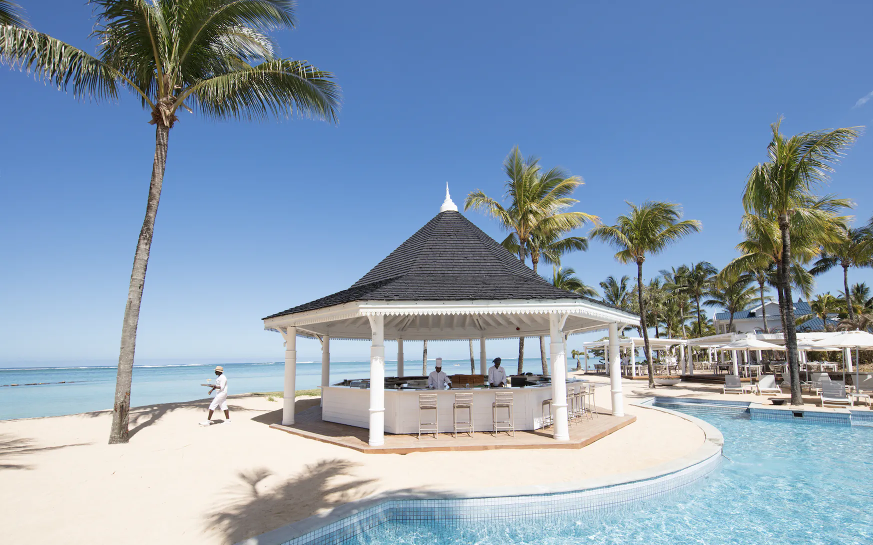 Beachside bar with thatched roof beside pool and palm trees, ocean view under blue sky