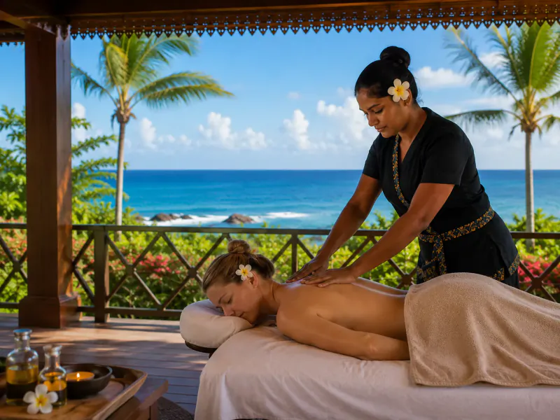 Masseuse giving a woman an outdoor back massage overlooking the ocean at a tropical villa spa