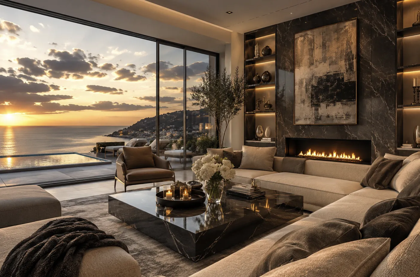 Modern luxury living room with large sectional sofa, marble coffee table, and floor-to-ceiling windows framing a sunset ocean view