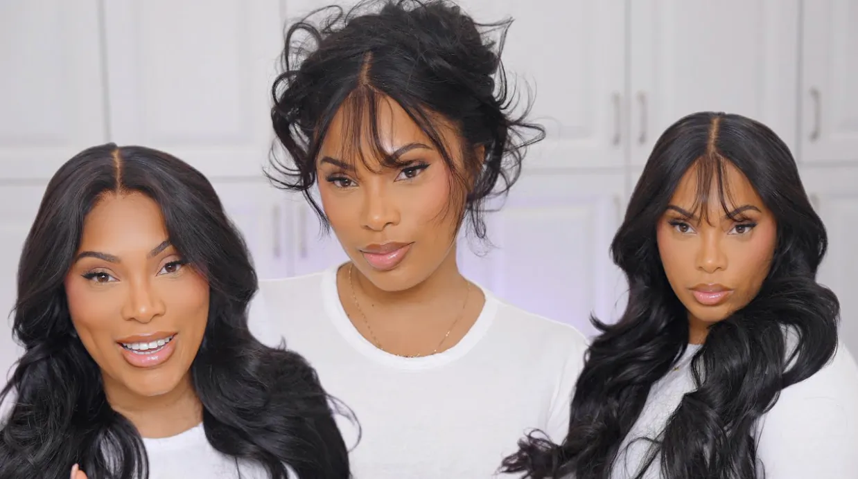 Three women with long black wigs in different styles posing together indoors