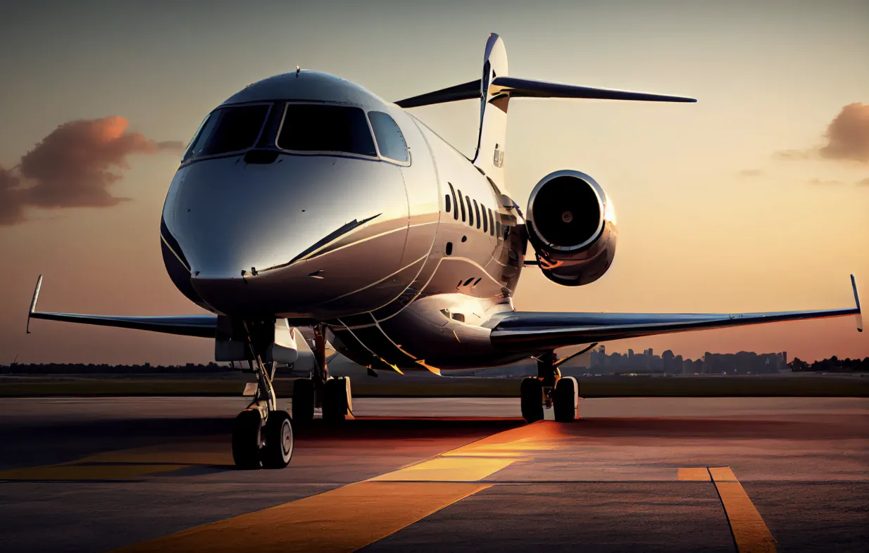 Private jet parked on runway at sunset with city skyline in background