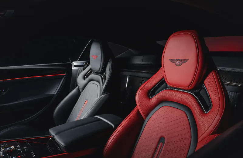 Bentley Supersports interior with red and black leather seats featuring Mulliner winged logo and red stitching