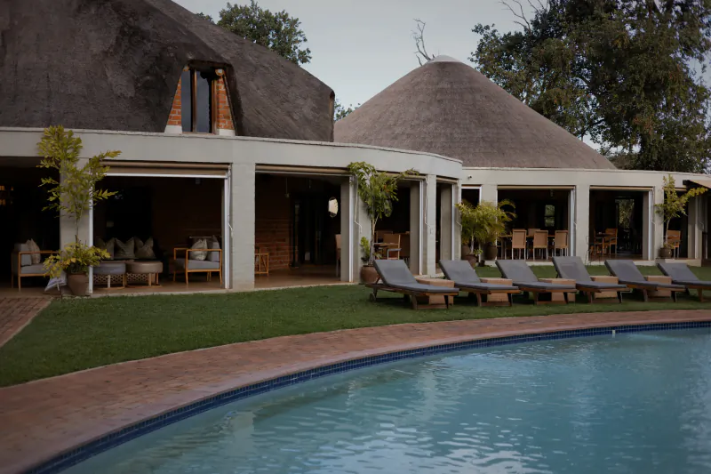 Luxury safari lodge with thatched roofs, lounge chairs by a pool, and open-air seating areas at Lilayi Lodge, Zambia