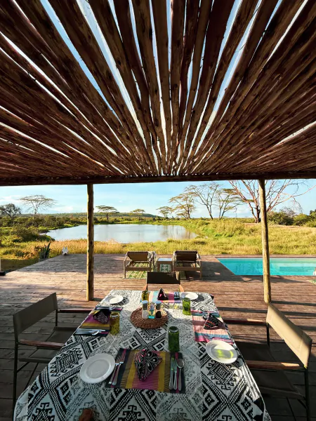 Outdoor dining table set under a thatched wooden roof overlooking a savanna lake and swimming pool