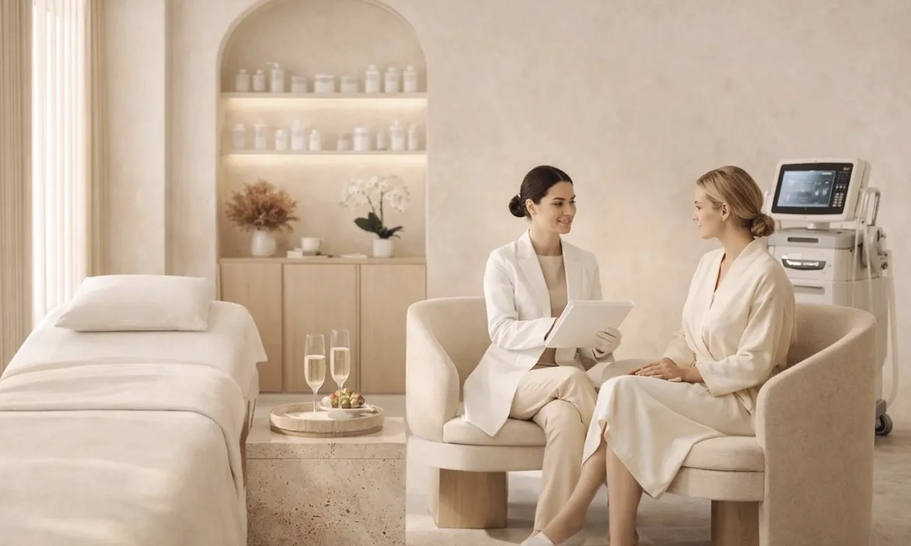 Two women in white outfits sit in a modern clinic, one holding a tablet while consulting the other beside a treatment bed and skincare products