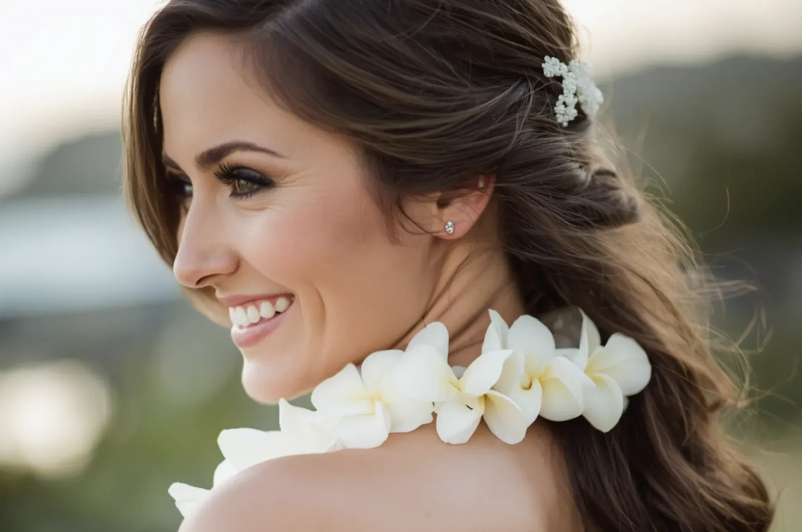 Smiling woman with long brown hair wearing a white plumeria flower lei and pearl hair accessory