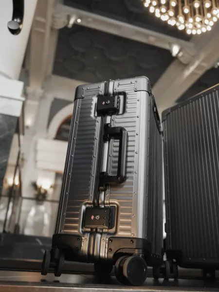 Close-up of a silver hard-shell suitcase with black handle and wheels in a luxury hotel lobby