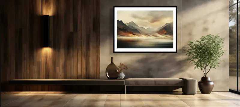 Framed mountain landscape painting above a modern bench with vases and a potted plant in a wood-paneled room