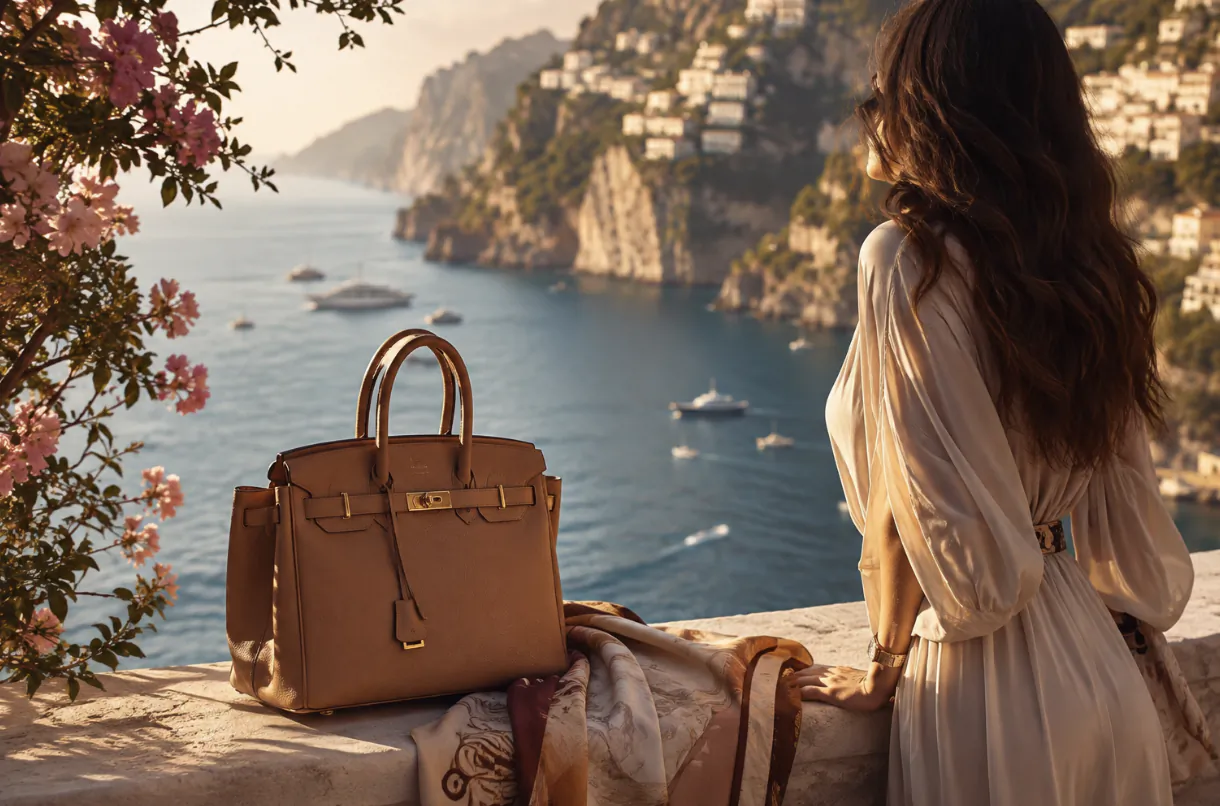 Woman in flowing white dress overlooking coastal cliffs with luxury brown leather handbag on stone ledge
