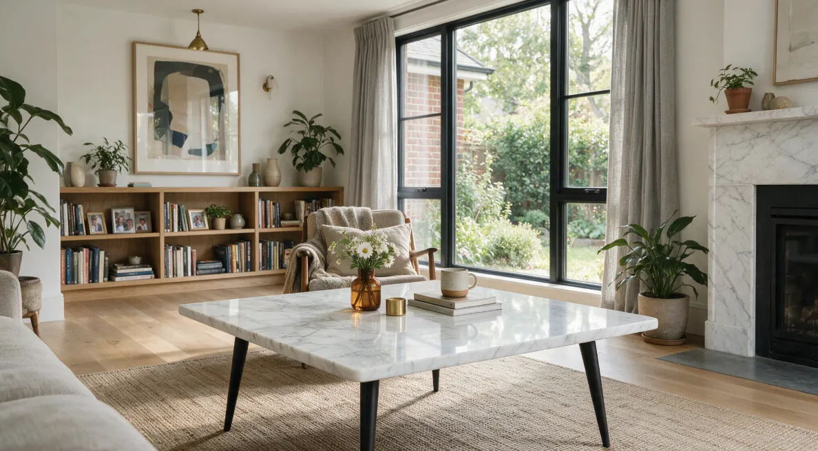 Bright living room with marble coffee table, beige armchair, large windows overlooking garden, and built-in bookshelves